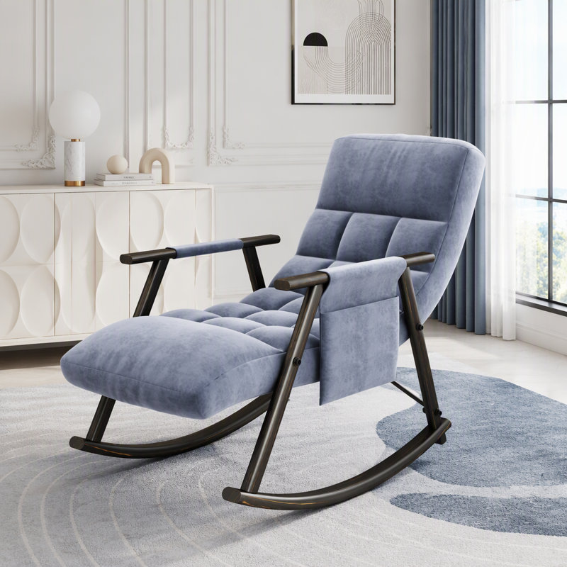 Folding Rocking Lounge Chair with Adjustable Back, Footrest & Side Pockets, Bleu
