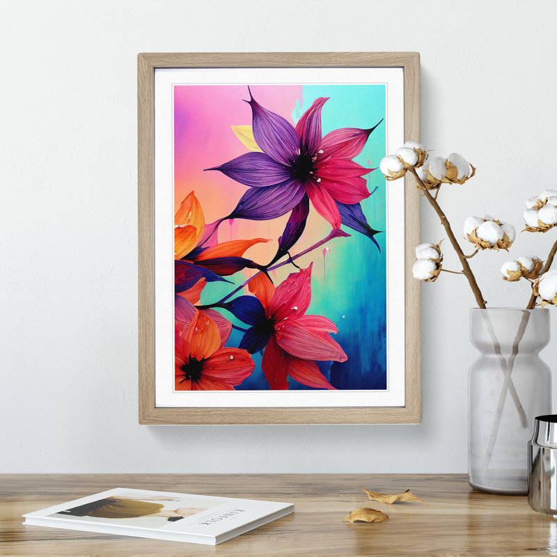 XV1022-3169X Paint Drip Flowers No.3 - Single Picture Frame Print, Oak, 64cm H x 46cm W x 2cm D