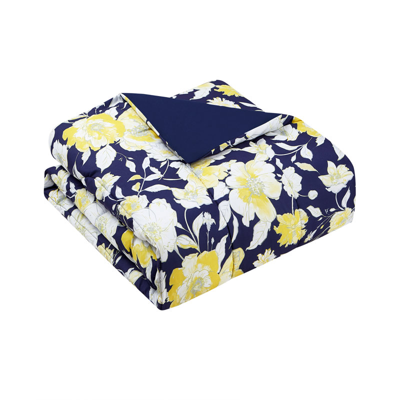 King Navy Yellow Floral Microfiber Comforter Set
