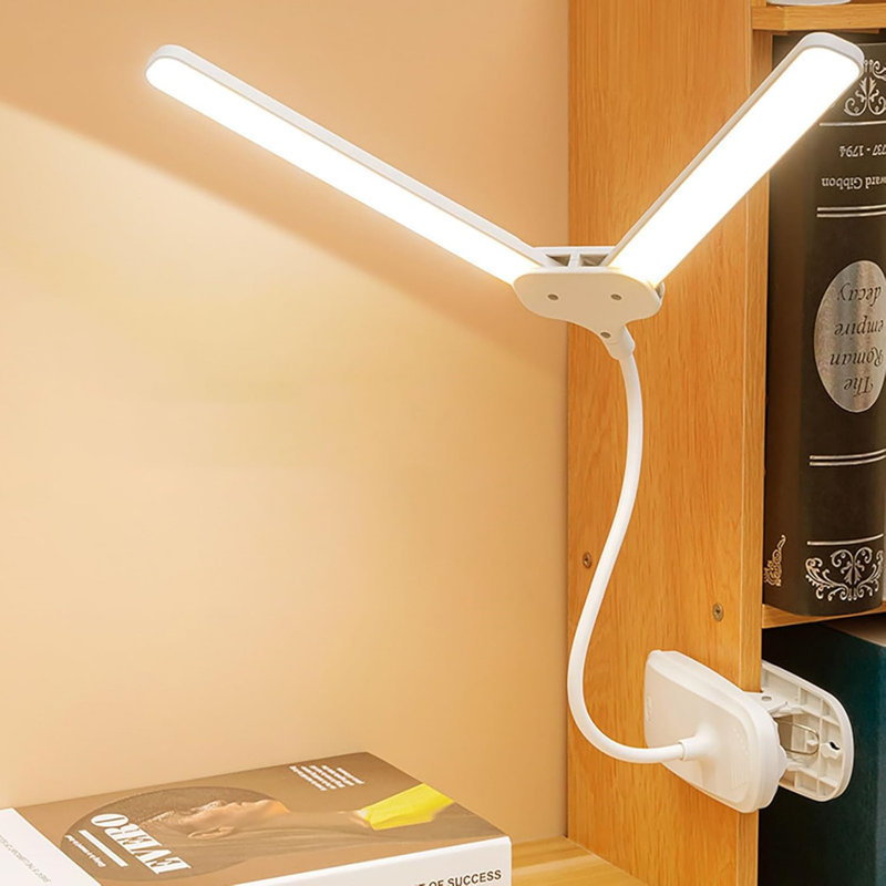 Lampe de bureau à DEL à deux têtes avec lampe à pince, lampe de lecture à intensité variable avec col-de-cygne flexible, lampe de table USB pour bureau, dortoir et chambre à coucher