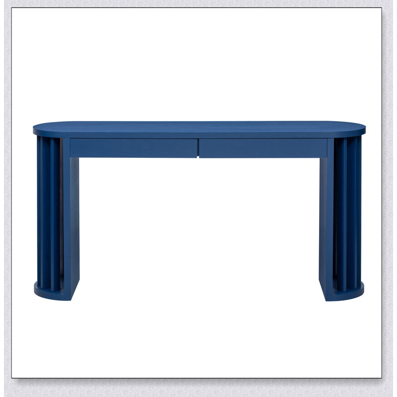 59-Inch Long Console Table With Oak Veneer, Curved And Straight Line Design For Farmhouse Entryway, Hallway, Living Room (Navy Blue)