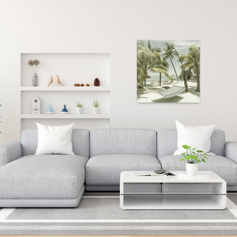 Impression sur toile de plage tropicale, hamacs rétro, romantique, palmier tranquille et côtier, 36" H x 36" W