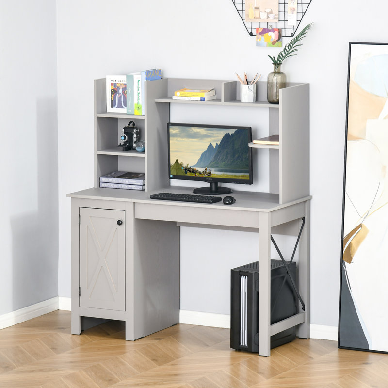 Bureau d'ordinateur avec huche et armoire, bureau à domicile avec rangement, Gris clair