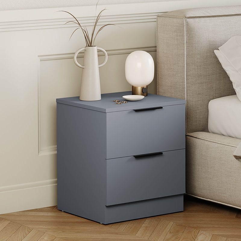 Tanishi 2 Drawer Bedside Chest Modern Bedroom Nightstand, Grey