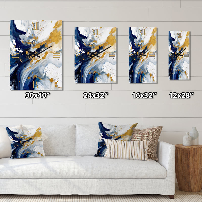 Horloge murale abstraite en métal bleu foncé et or Strings XXIII, Grand