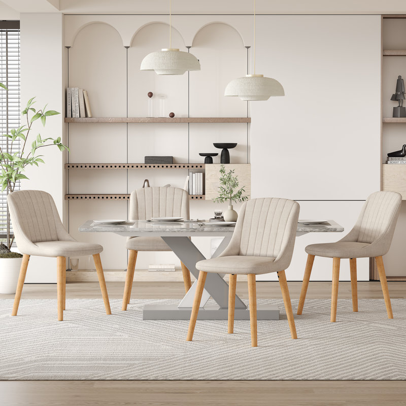 Velvet Dining Chairs With Wooden Legs Set Of 4, Beige Linen/Natural, 4