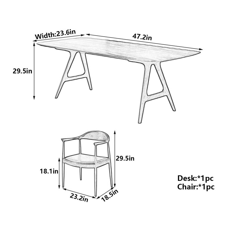 Bureau à structure en A en bois massif, H 29,5 po x l 47,2 po x P 23,6 po