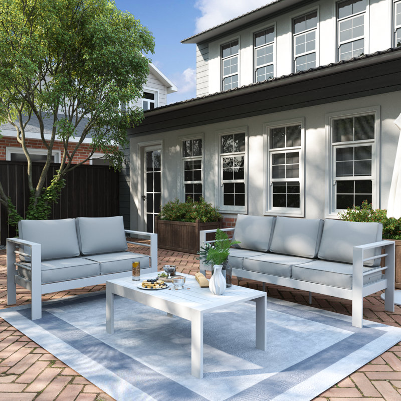 Kassian 5 - Person Patio Conversation Set with Cushions, White, Light Gray