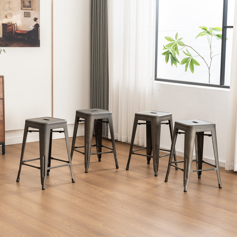 Counter Stool with Metal Frame, Backless Stackable Bar Stool, Matte Grey
