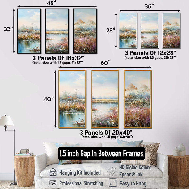 Flower Meadow Charm - Ensemble de décoration murale pré, Cadre naturel flottant, H 40 po x l 60 po x P 1 po