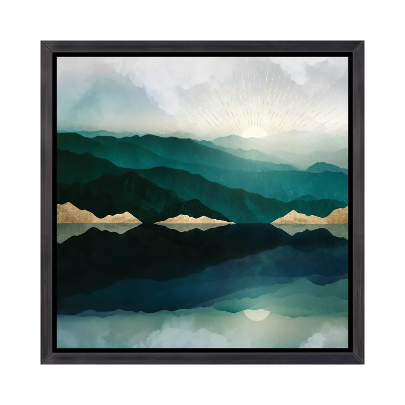 Waters Edge Reflection - Imprimé, H 26 po x l 26 po x P 1,5 po, Cadre flottant noir patiné