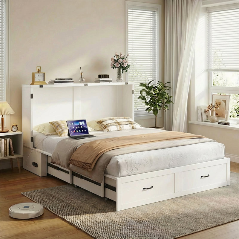 Lit escamotable avec tiroirs de rangement et station de charge USB, armoire-lit peu encombrante
