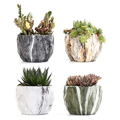 Modern Marbling Ceramic Flower Pot Set, 4 Pieces, 3.35 Inch, With Drainage Hole, Suitable For Succulent, Cactus, Or Bonsai (Plants Not Included)