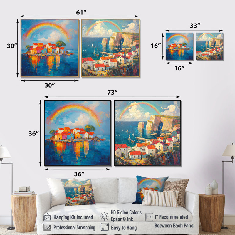 Coastal Rainbow Over The Fishing Village III - Art mural arc-en-ciel - Art mural traditionnel sur toile 2 pièces, Doré