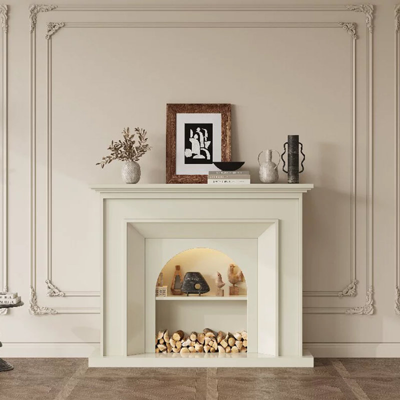 Beige Solid Wood Electric Fireplace