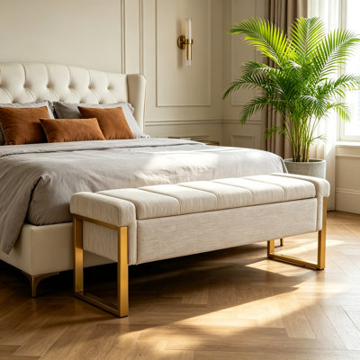 55" Storage Bench for Bedroom, Modern Tufted End of Bed Bench for King Size Bed, Upholstered Long Ottoman Bench with Gold Legs for Living Room/Entryway