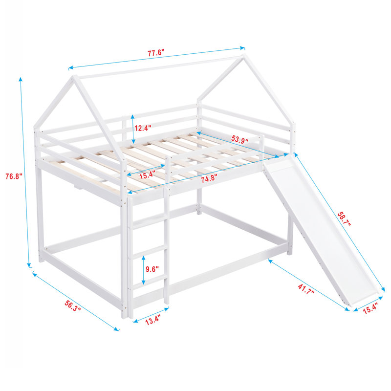 Bunk Bed House Bed With Roof And Slider, Platform Bed, Bed Frame, White, Full over Full