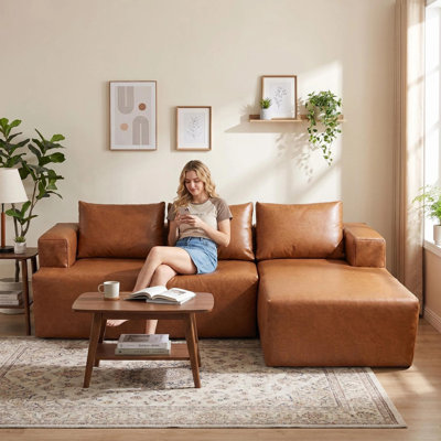 96” Boneless Leather Sectional Couches for Living Room, Brown Faux Leather Couch, Modular Cloud L‑Shaped Sofas with Spring Cushions, No Assembly Required, Cat-Claw Resistant, Right Chaise
