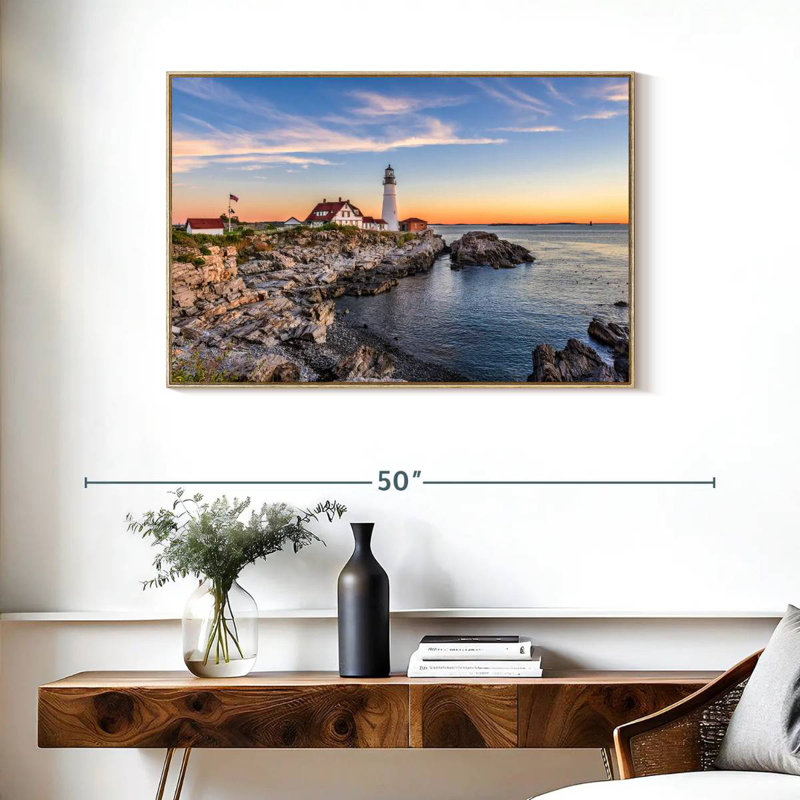 Coucher de soleil sur le phare de Portland Head, Cadre flottant en bois naturel, 37 po x 25 po