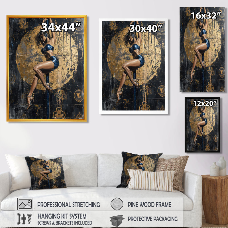 «Long Legs And Pole Dancing» - Décoration murale femme à rayures, Cadre simple blanc, H 40 po x l 30 po