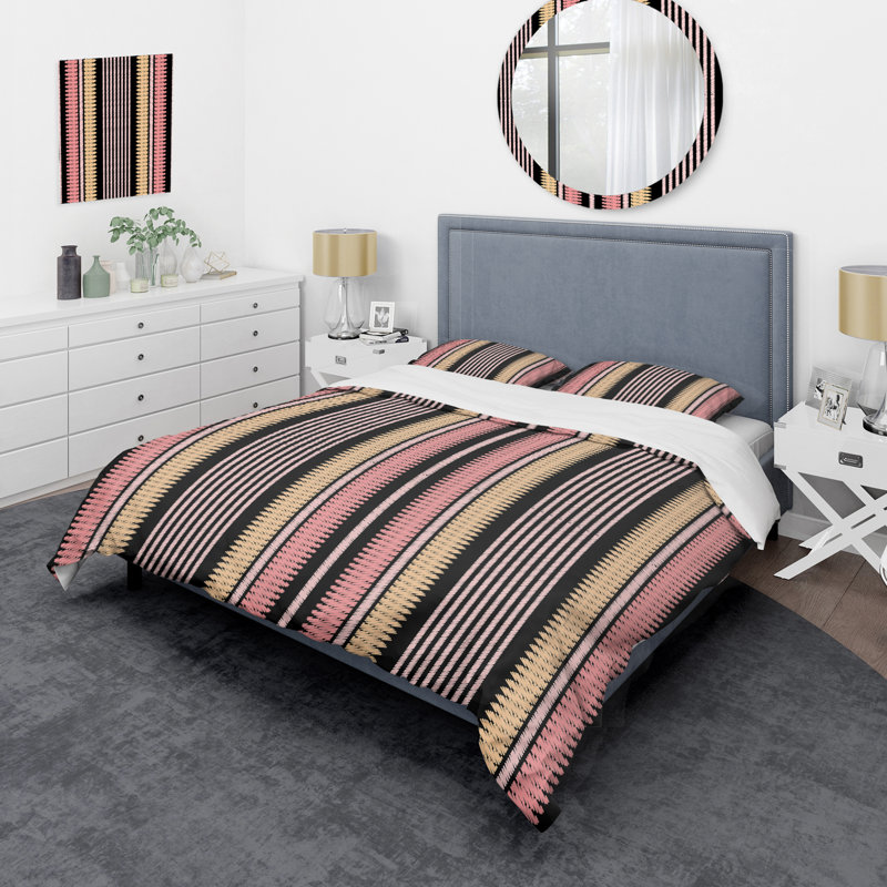 Cream and Pink Striped Pattern - Abstract Duvet Cover Set - Microfiber Polyester