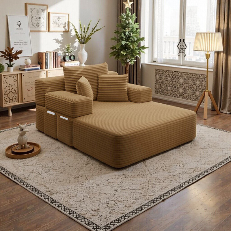 Chaise longue convertible Resta en velours côtelé duveteux avec poches de rangement et 3 coussins, Chameau
