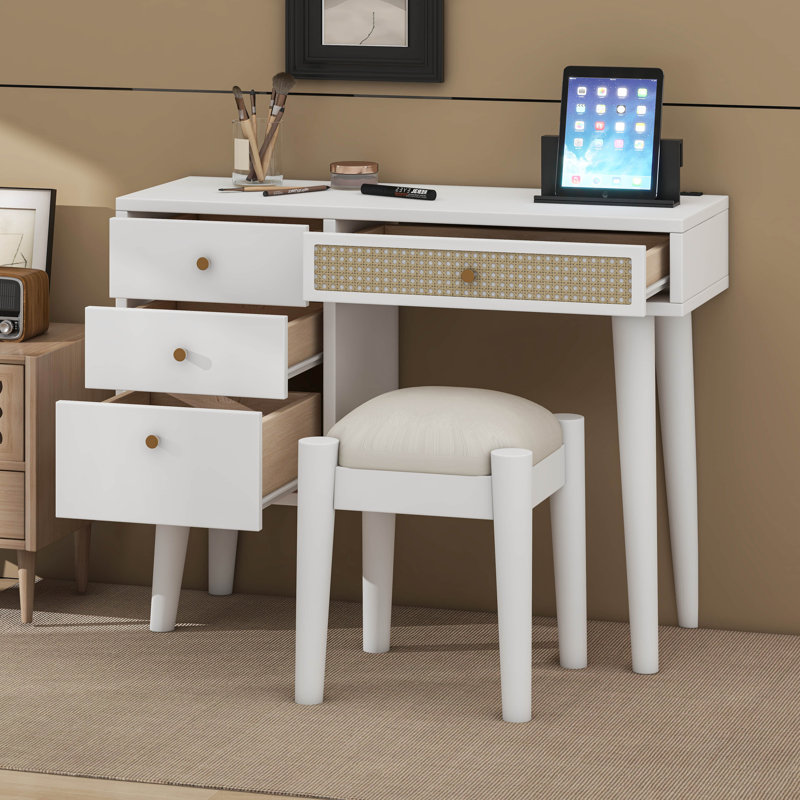 Ensemble de coiffeuse en bois avec prise de charge, ports USB et tabouret rembourré, tiroirs