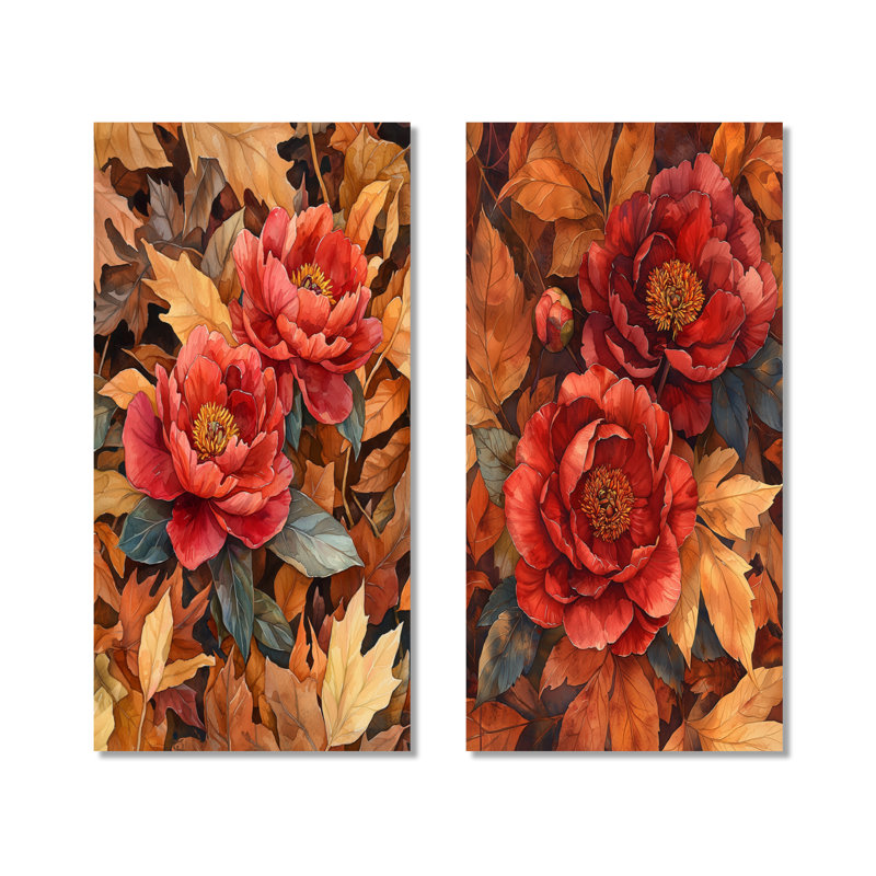 Pivoines rouges parmi les feuilles d'automne I - Floral, art mural surdimensionné en métal 2 pièces, 32" H x 32" W