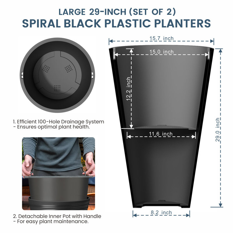 Aftina Pot Planter, 29" H x 15.7" W x 15.7" D, Spiral Black