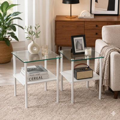Glass Side Table Set of 2, 16.3'' Small End Table, Square Sofa Side Table with Tempered Glass Top and Metal Legs