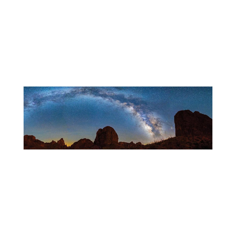 Landscape with Rock Formations in Desert Under Milky Way Galaxy in Sky, Kofa Queen Canyon, Arizona, USA 1 Piece Wrapped Canvas Panoramic Wall Art