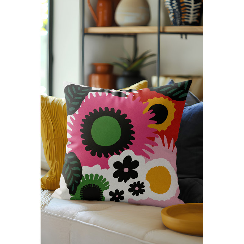 Coussin Mars, White/Black/Red/Pink/Green Floral, Carré 16 po