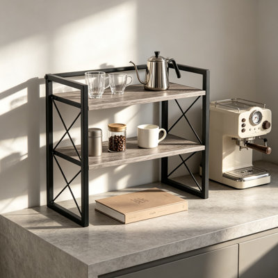 Organisateur de bureau, étagère de rangement en bois à 2 niveaux, étagère de présentation autoportante avec cadre en fer robuste et base antidérapante pour bureau, maison, dortoir, chambre à coucher, cuisine, salle de bain