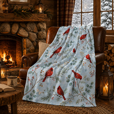 Powder Blue Cardinal Throw Blanket, Eight Red Birds with Green Leaves, Berries and Snowflakes, Flannel Layer for Sofa, Bedroom and Winter Styling, 40 x 50 in