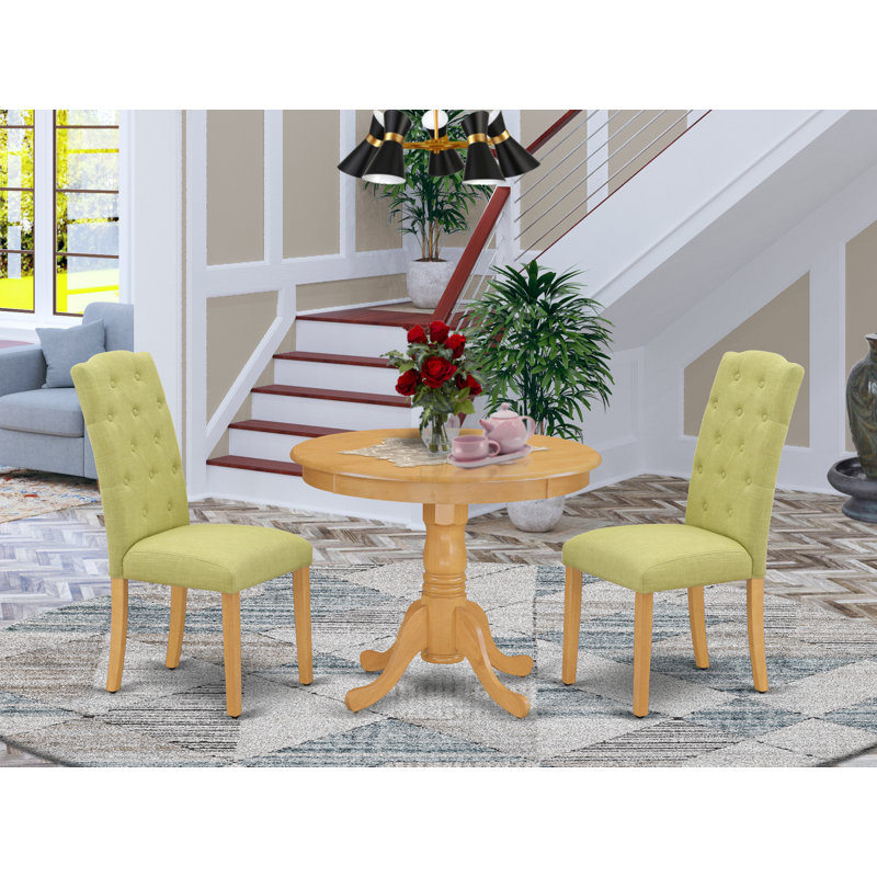3 Piece Dining Set Contains a Round Kitchen Table with Pedestal and 2 Limelight Linen Fabric Upholstered Parson Chairs, Oak