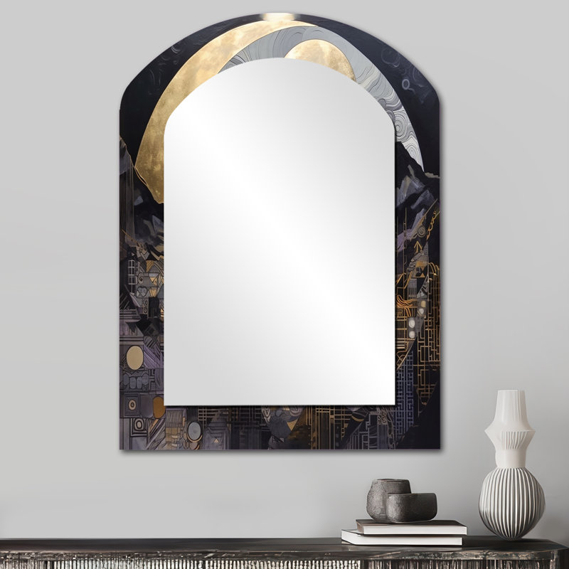 Golden Rising Moon III - grand miroir asymétrique paysage, décor de miroir mural unique arche traditionnelle, impression d'art en métal