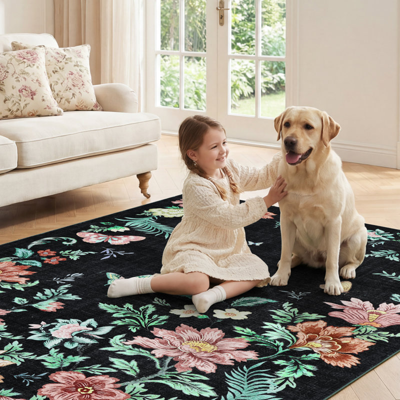 9x12 ft Machine Washable Non-Slip Rug for Bedroom - Large Indoor Butterfly Garden Floral Carpet, Soft Velvet Pile with TPR Backing, Easy Care, Black