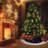 Christmas Tree Skirt with Deer & Snowflake Design, Navy Blue and White Brushed Fabric Xmas Tree Base Cover