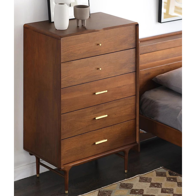 Commode 5 tiroirs Mid-Century, décorations en bois et métal