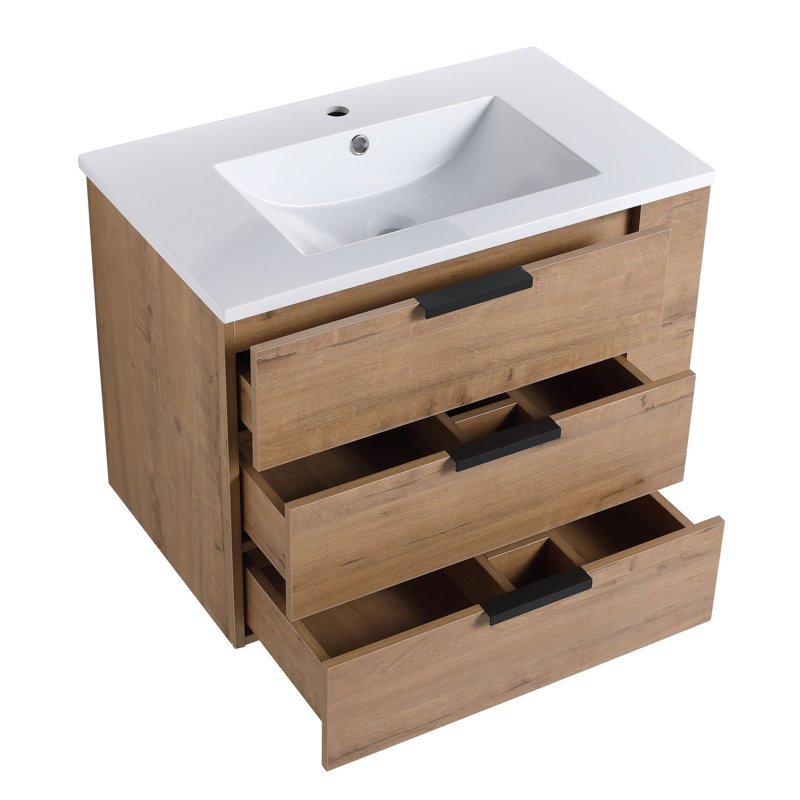 Lavabo de meuble-lavabo mural 30 po avec tiroir à fermeture en douceur et lavabo à compartiment latéral, pouces. Et un plateau. Imitation de chêne, contreplaqué stable et durable