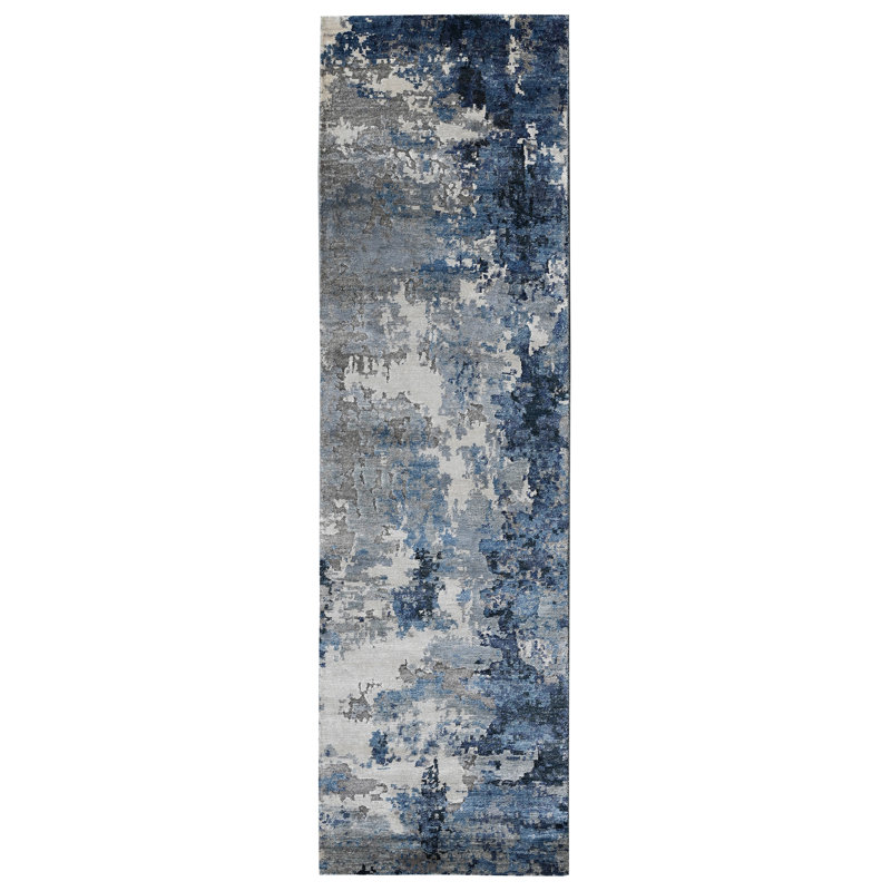 Hand Knotted Area Rug in Blue/Beige, Runner 2'6" x 8'