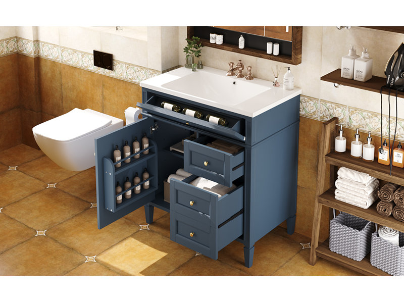  Vanity with Sink, Bathroom Cabinet with 2 Drawers and Tip-out Tray, Modern Freestanding Design, Bleu