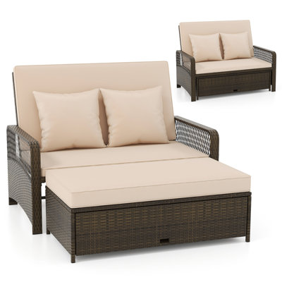 Patio Rattan Daybed Wicker Loveseat Sofa w/ Multifunctional Ottoman by Winston Porter