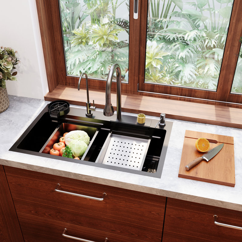 30" Black Stainless Steel Drop-In Single Bowl Kitchen Sink Workstation