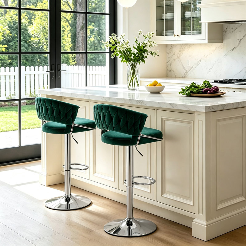 Christal Swivel Upholstered Adjustable Height Counter Stool, Dark Green, Silver