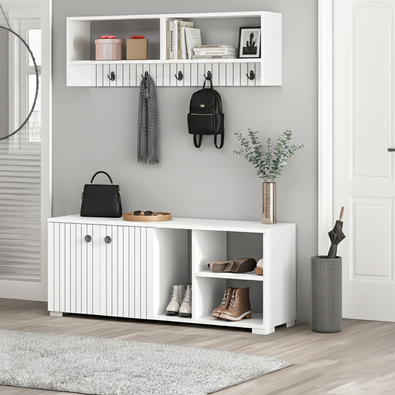 Arbre d'entrée de 47,2 po de largeur avec armoire et 10 crochets, Blanc