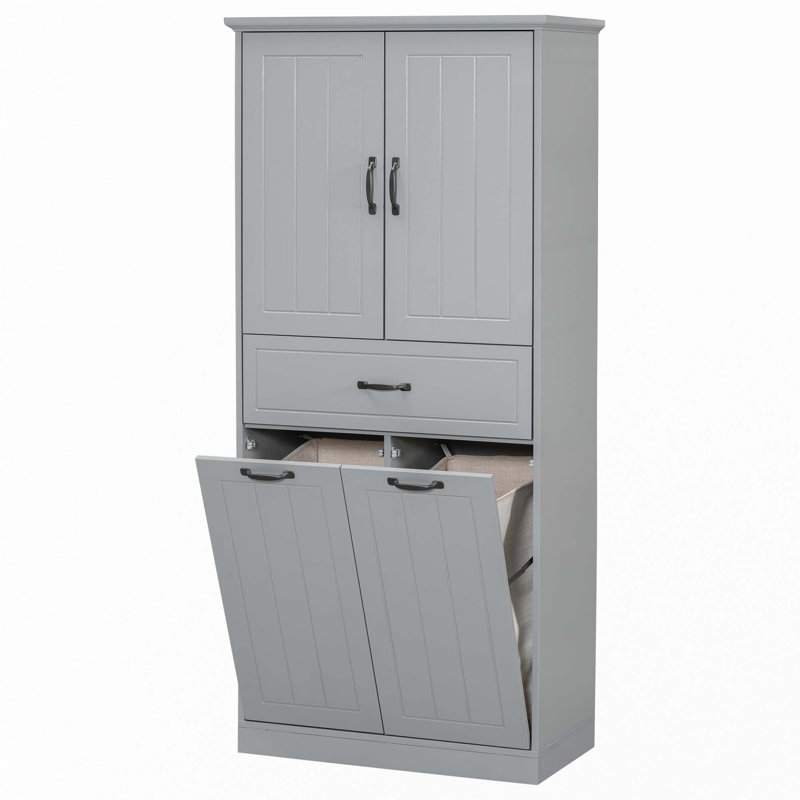 Armoire de rangement pour salle de bain avec deux paniers à linge, Gris