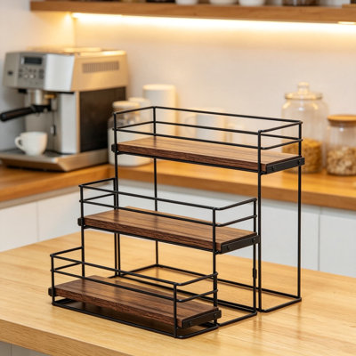 Coffee Syrup Rack Organizer, Three Tier Syrup Holder Stand for Coffee Bar, Detachable Syrup Storage Shelves for Countertop, Sturdy Metal and Wood Syrup Bottle Rack for Kitchen or Bar