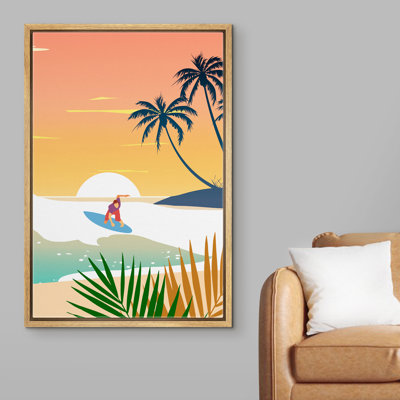 «Coastal Beach Surfing On The Waves At Sunset», reproduction sur toile flottante