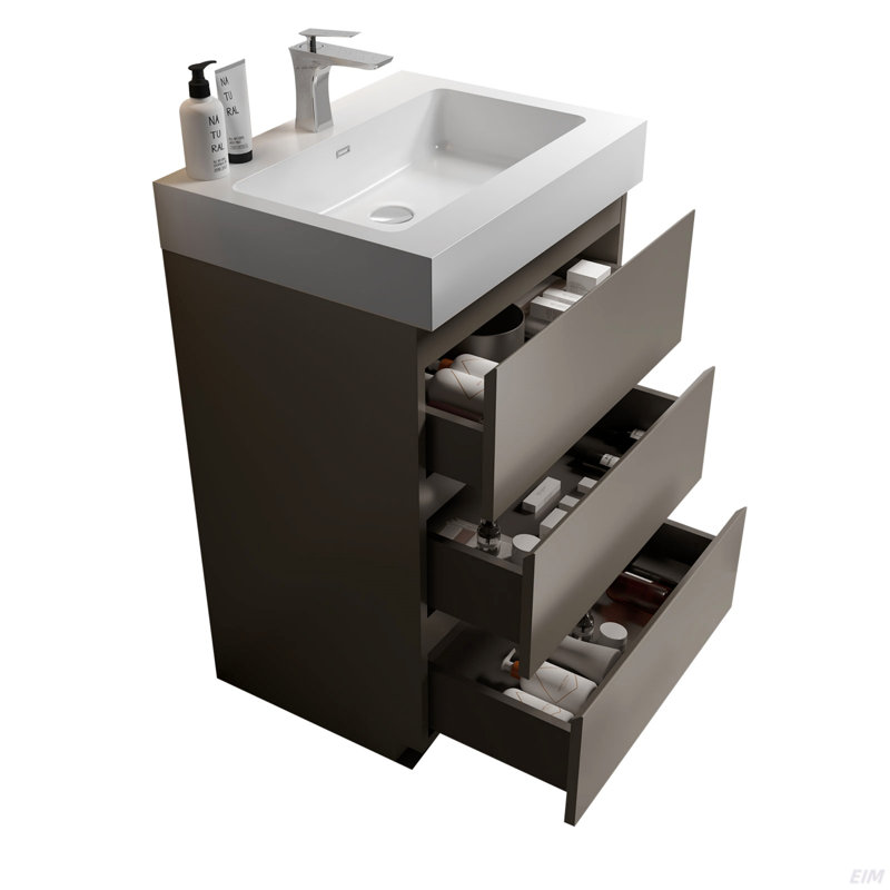 Meuble-lavabo autoportant de 24 po avec lavabo, grand meuble-lavabo autoportant de rangement, lavabo une pièce blanc sans drain ni robinet, pré-assemblé